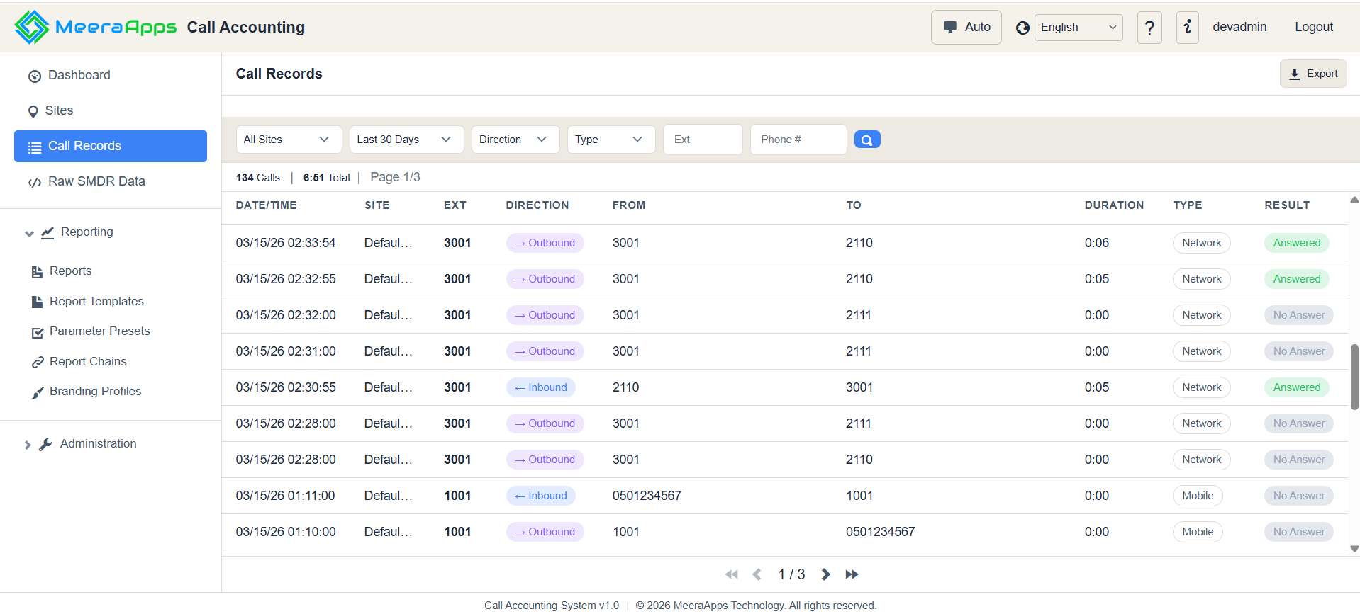 Call Records Grid with Filters