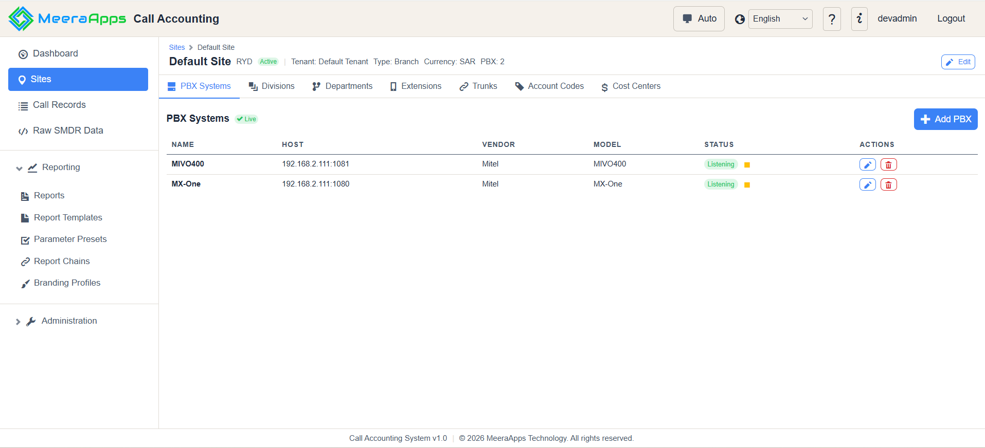 PBX Connection Status Screen