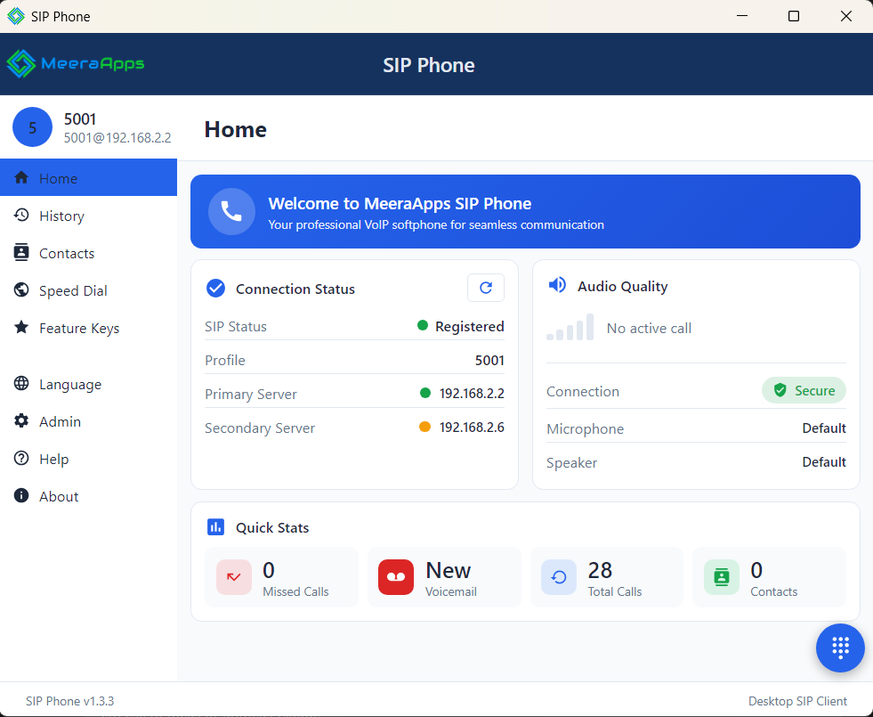 الشاشة الرئيسية لهاتف SIP